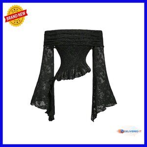 Floral Lace Off Shoulder Crop Top Bell Sleeve Asymmetric Y2K